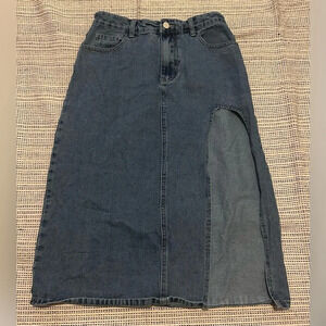 Cider asymmetrical midi jean skirt size small medium wash high slit